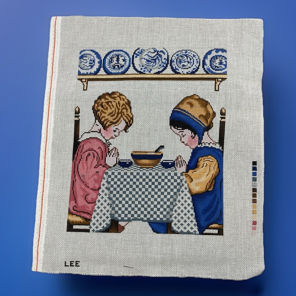 LEE Hand Painted Needlepoint Canvas Give Thanks Dinner Time‎ Praying Girls 18ct